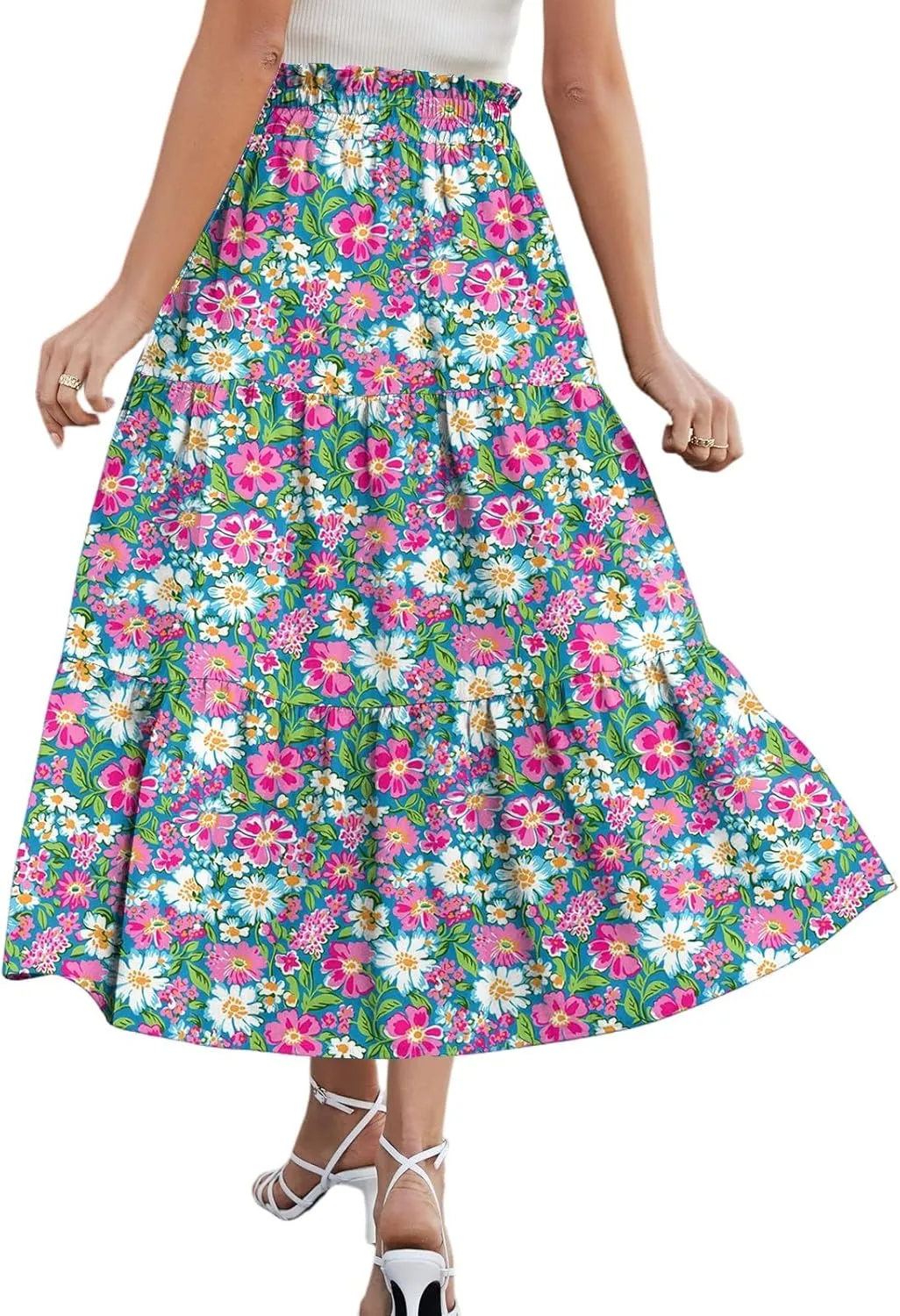 HAVUITYY Women's Ditzy Floral Print Midi Skirt Summer Casual Pockets Elastic High Waist Drawstring Flowy Trendy Long Skirts