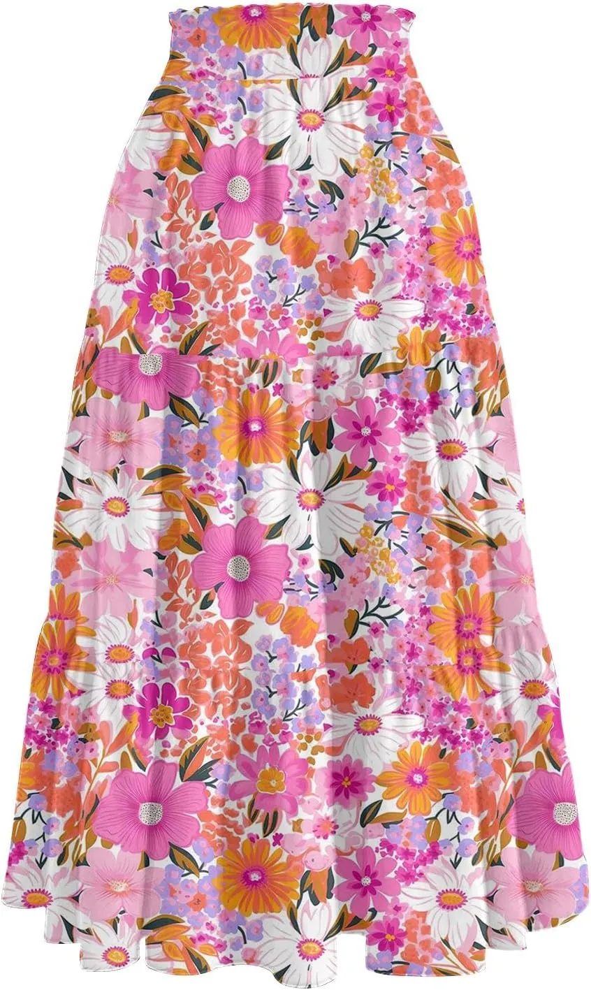 HAVUITYY Women's Ditzy Floral Print Midi Skirt Summer Casual Pockets Elastic High Waist Drawstring Flowy Trendy Long Skirts