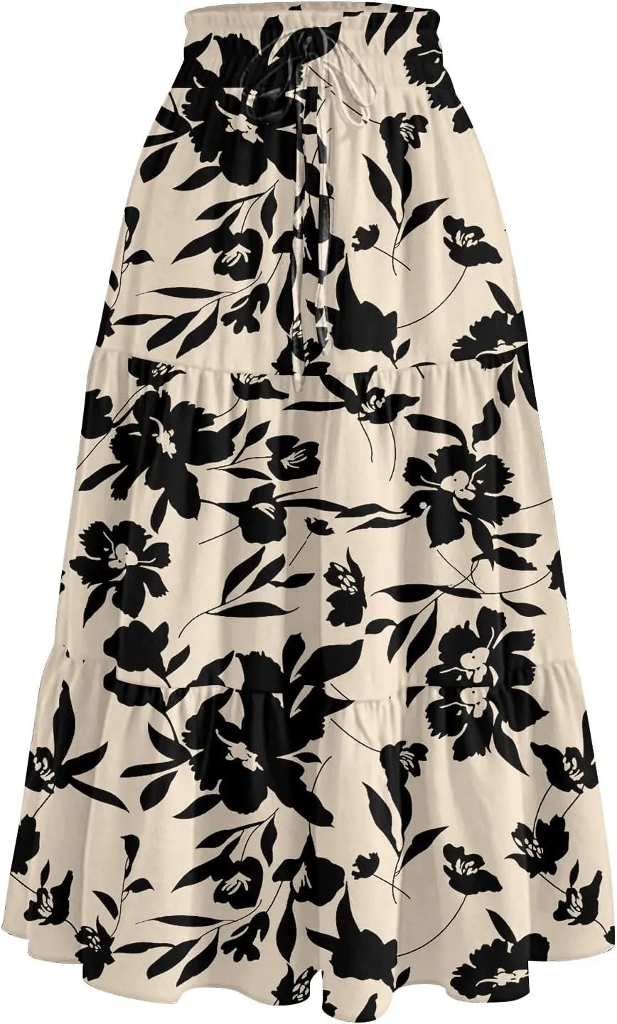 HAVUITYY Women's Ditzy Floral Print Midi Skirt Summer Casual Pockets Elastic High Waist Drawstring Flowy Trendy Long Skirts
