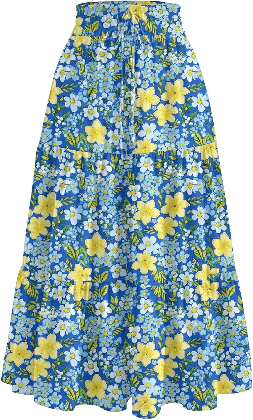 HAVUITYY Women's Ditzy Floral Print Midi Skirt Summer Casual Pockets Elastic High Waist Drawstring Flowy Trendy Long Skirts