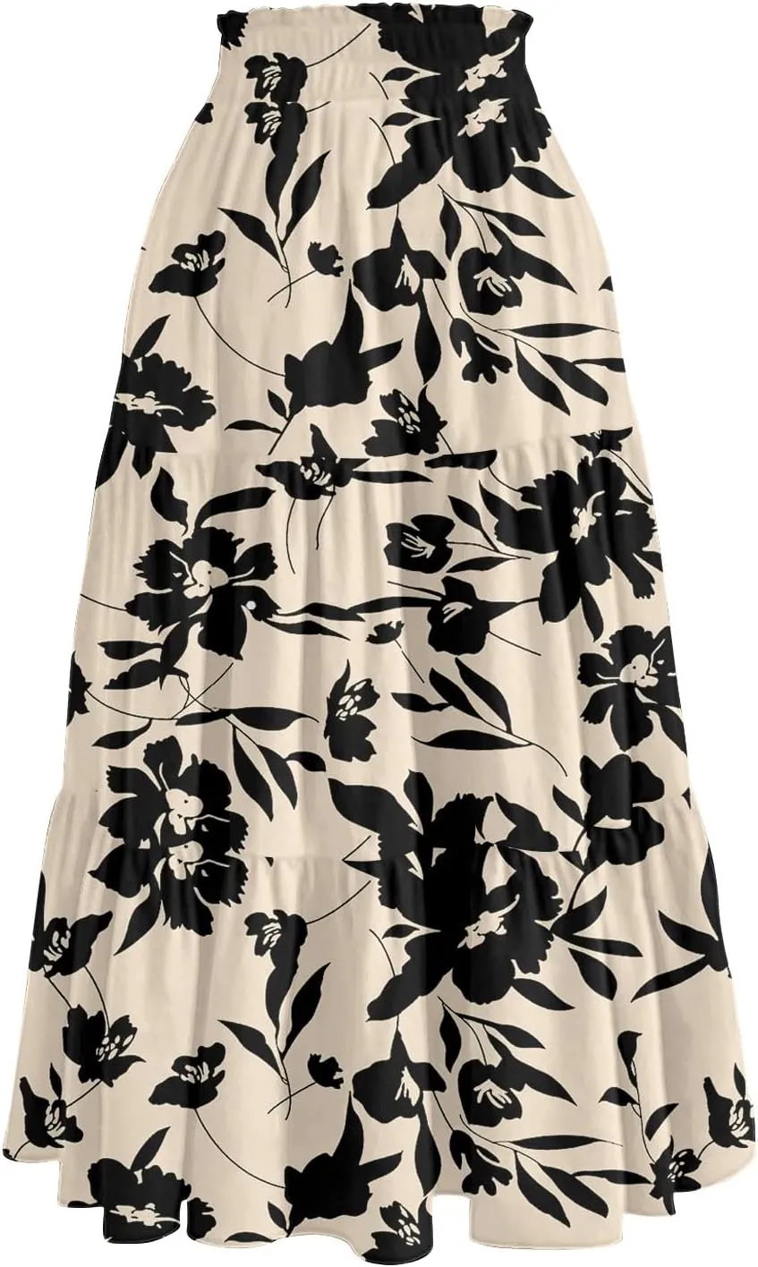HAVUITYY Women's Ditzy Floral Print Midi Skirt Summer Casual Pockets Elastic High Waist Drawstring Flowy Trendy Long Skirts