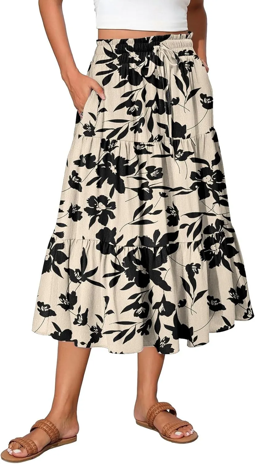 HAVUITYY Women's Ditzy Floral Print Midi Skirt Summer Casual Pockets Elastic High Waist Drawstring Flowy Trendy Long Skirts