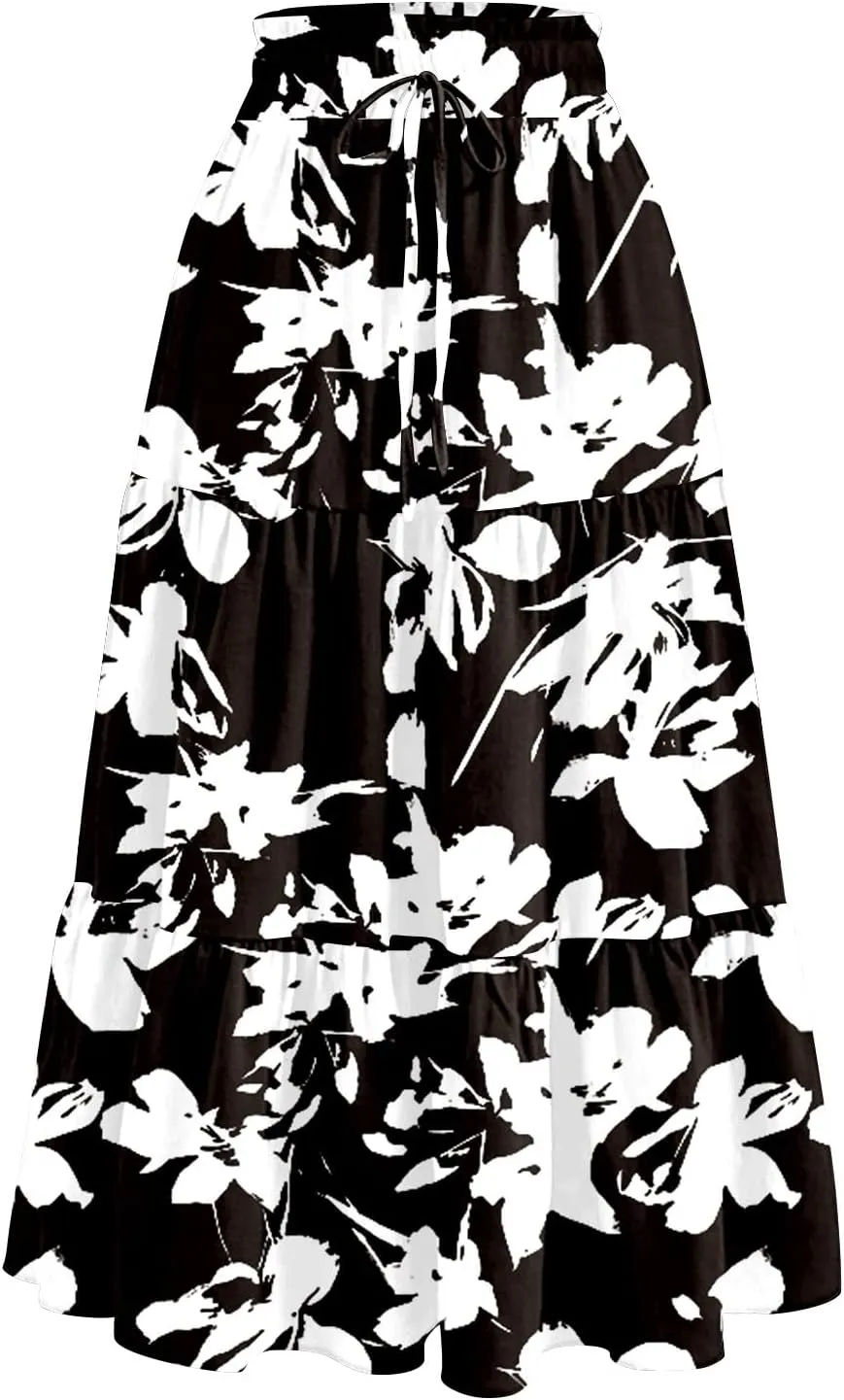 HAVUITYY Women's Midi Skirt Summer Casual Pockets Elastic High Waist Drawstring Flowy Trendy Ditzy Floral Print Long Skirts