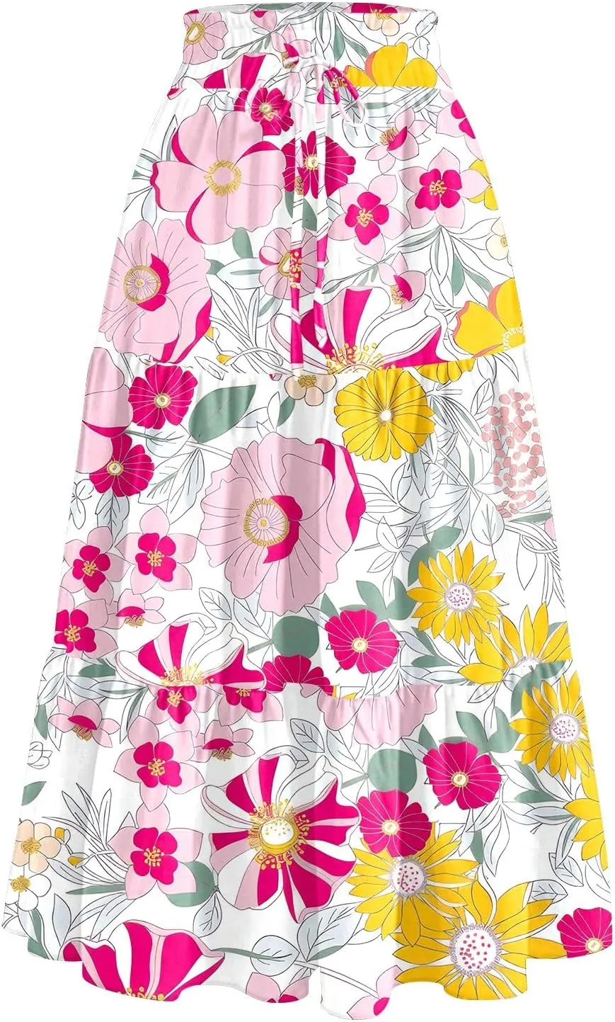 HAVUITYY Women's Midi Skirt Summer Casual Pockets Elastic High Waist Drawstring Flowy Trendy Ditzy Floral Print Long Skirts
