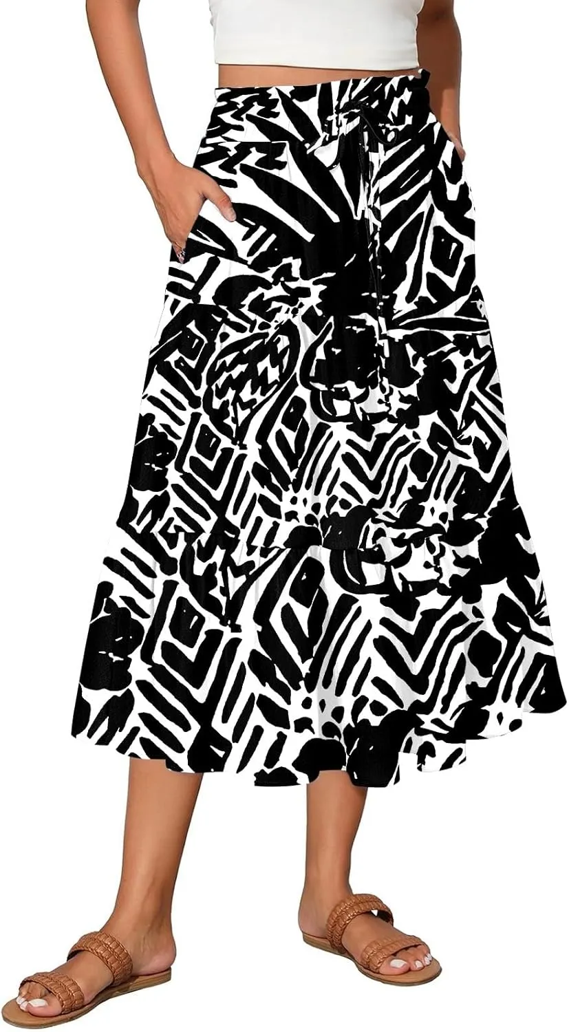 HAVUITYY Women's Midi Skirt Summer Casual Pockets Elastic High Waist Drawstring Flowy Trendy Ditzy Floral Print Long Skirts