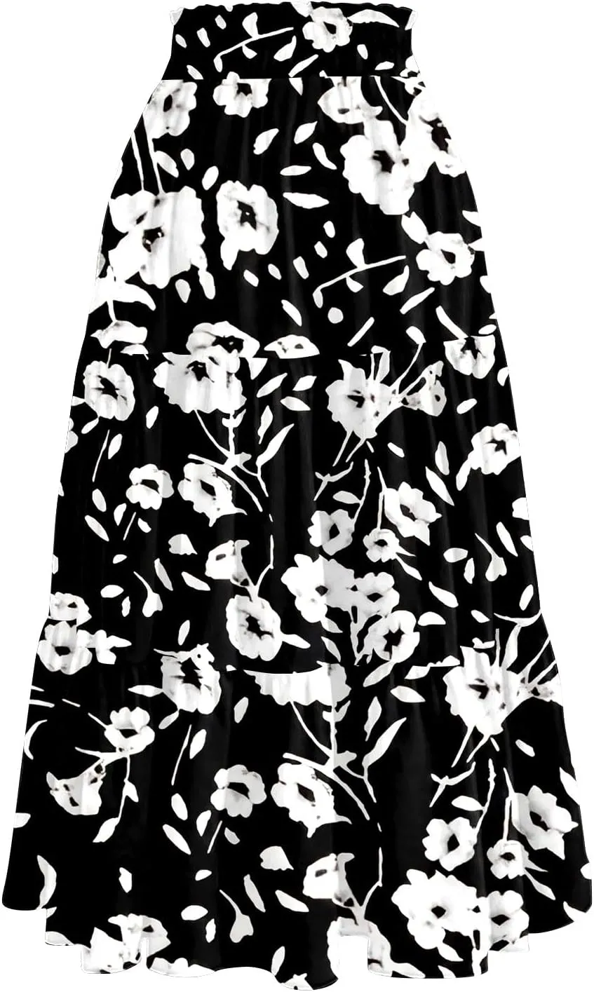 HAVUITYY Women's Midi Skirt Summer Casual Pockets Elastic High Waist Drawstring Flowy Trendy Ditzy Floral Print Long Skirts