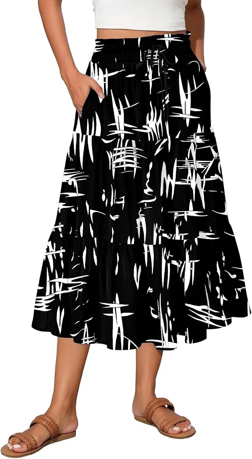 HAVUITYY Women's Midi Skirt Summer Casual Pockets Elastic High Waist Drawstring Flowy Trendy Ditzy Floral Print Long Skirts