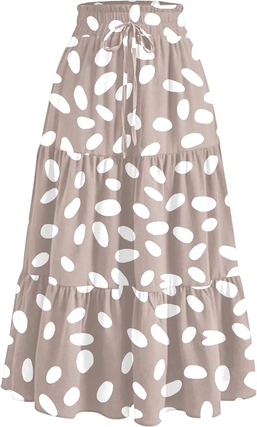 HAVUITYY Women's Midi Skirt Summer Casual Pockets Elastic High Waist Drawstring Flowy Trendy Ditzy Floral Print Long Skirts