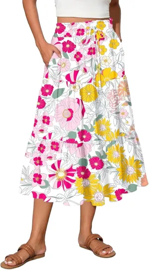 HAVUITYY Women's Midi Skirt Summer Casual Pockets Elastic High Waist Drawstring Flowy Trendy Ditzy Floral Print Long Skirts