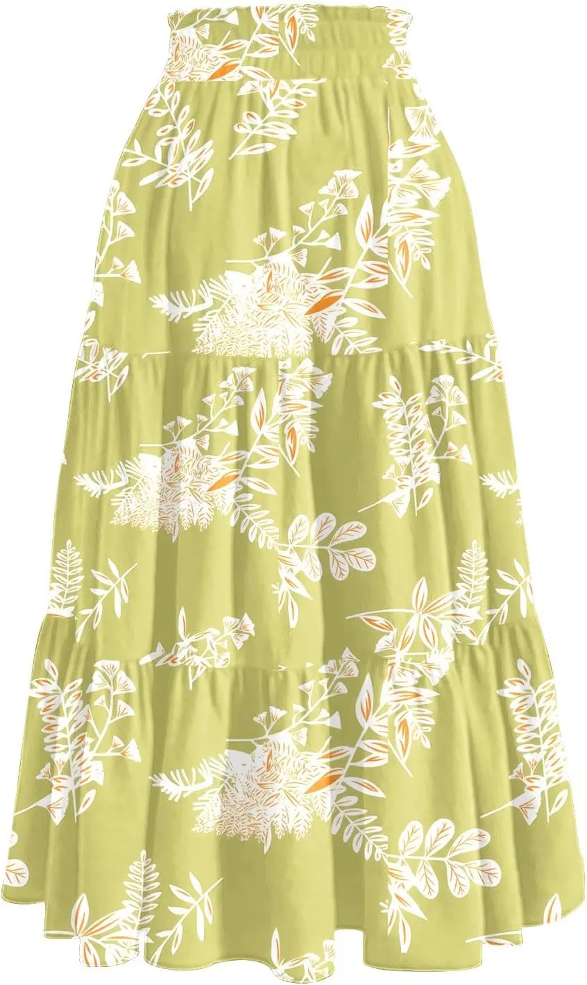 HAVUITYY Women's Midi Skirt Summer Casual Pockets Elastic High Waist Drawstring Flowy Trendy Ditzy Floral Print Long Skirts