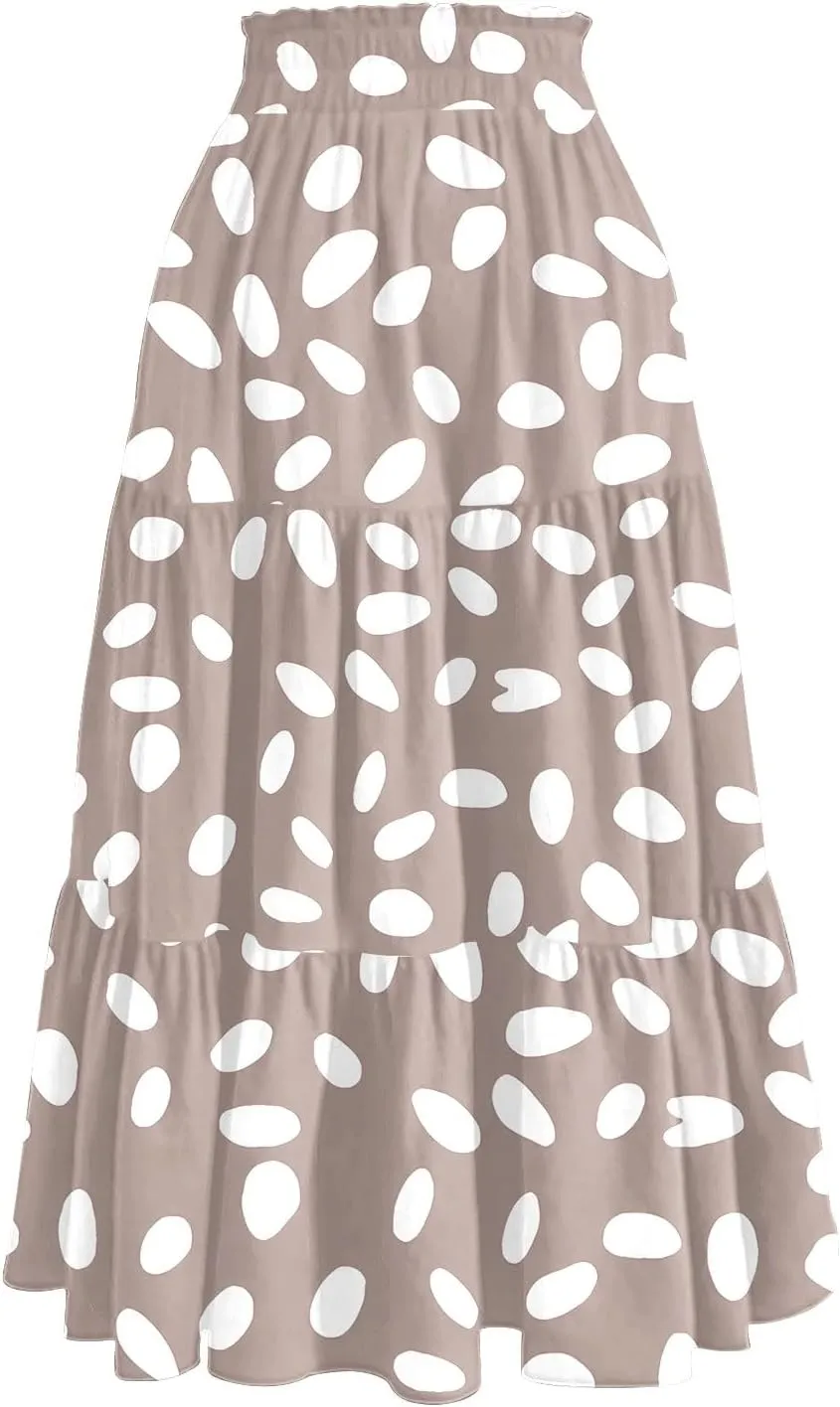 HAVUITYY Women's Midi Skirt Summer Casual Pockets Elastic High Waist Drawstring Flowy Trendy Ditzy Floral Print Long Skirts