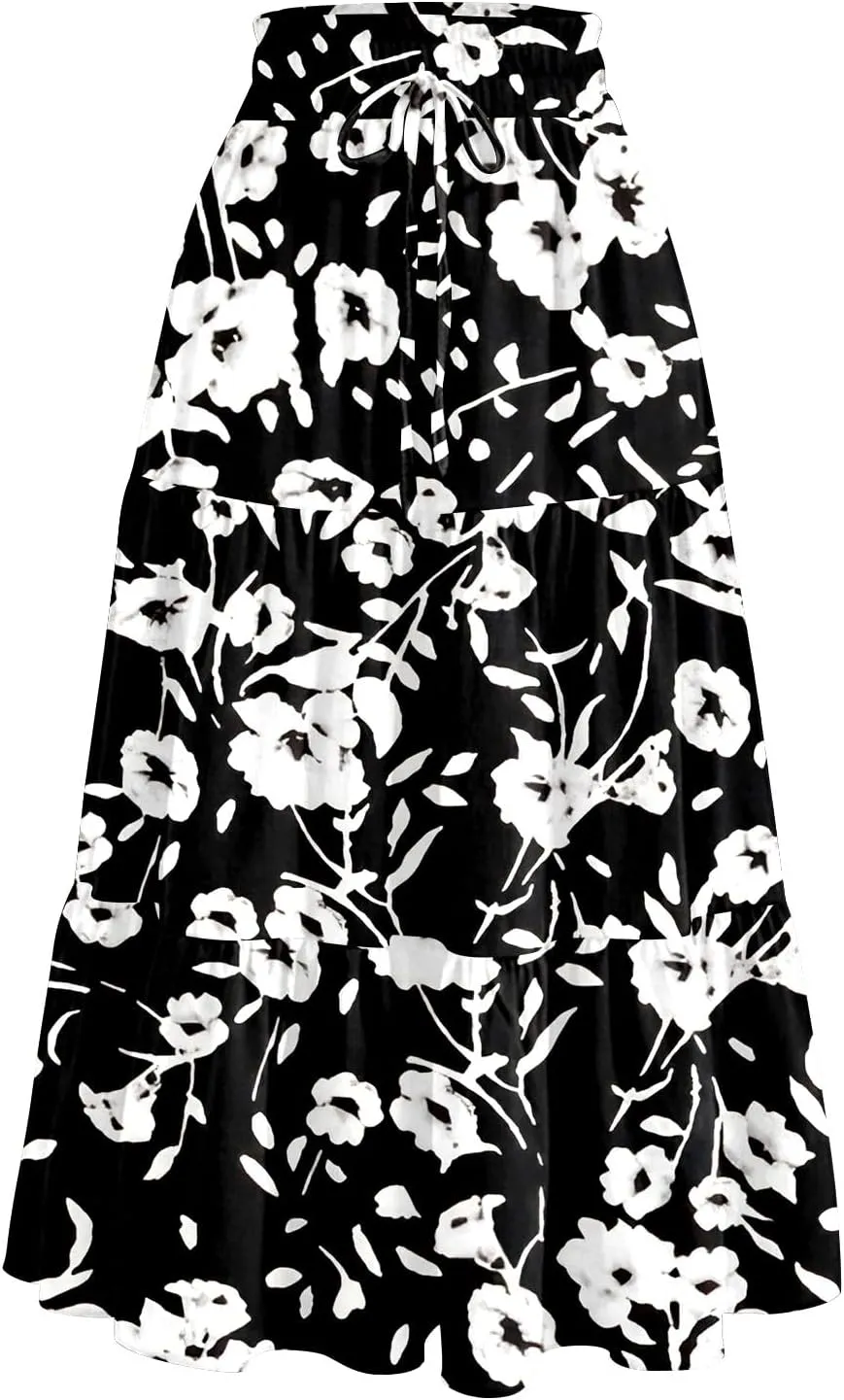 HAVUITYY Women's Midi Skirt Summer Casual Pockets Elastic High Waist Drawstring Flowy Trendy Ditzy Floral Print Long Skirts