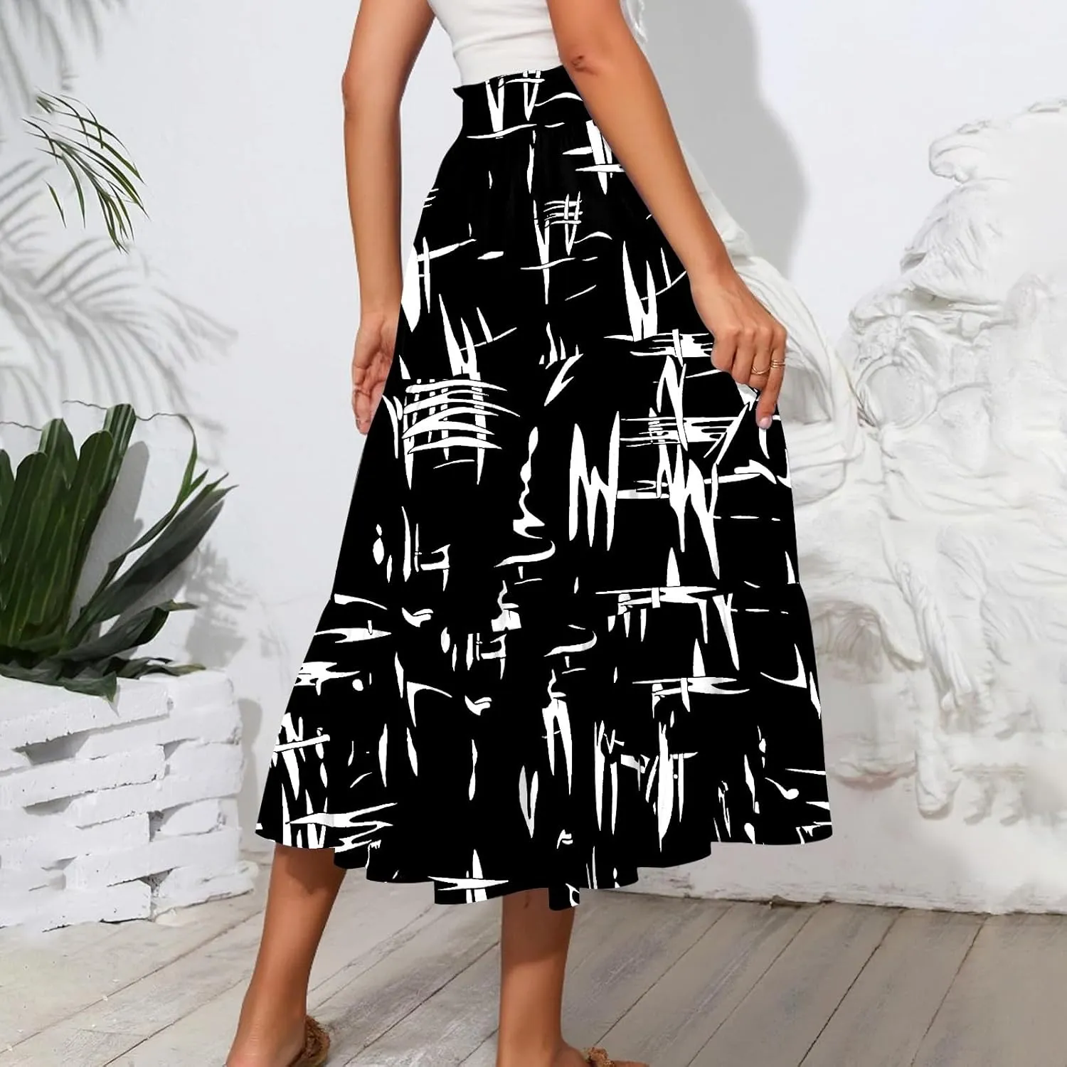 HAVUITYY Women's Midi Skirt Summer Casual Pockets Elastic High Waist Drawstring Flowy Trendy Ditzy Floral Print Long Skirts