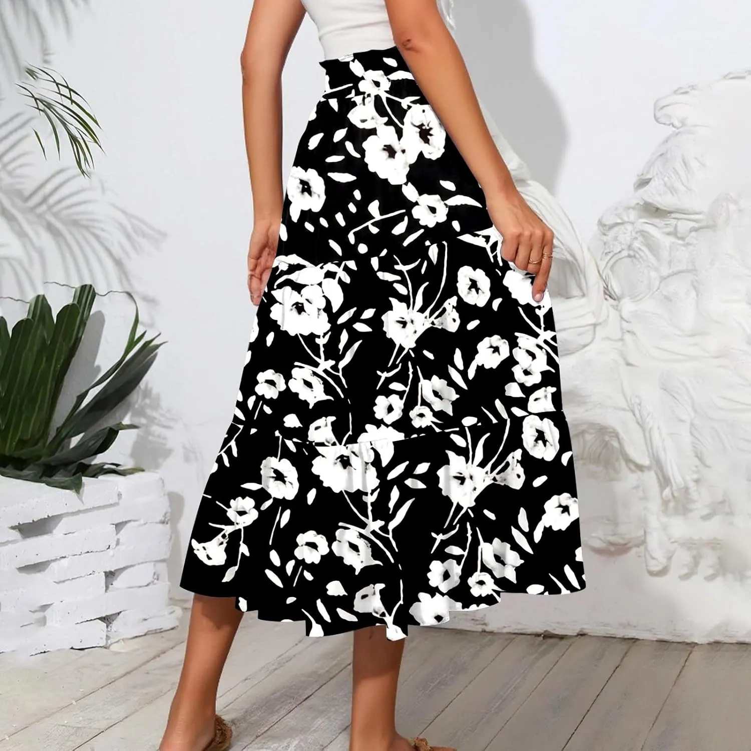 HAVUITYY Women's Midi Skirt Summer Casual Pockets Elastic High Waist Drawstring Flowy Trendy Ditzy Floral Print Long Skirts