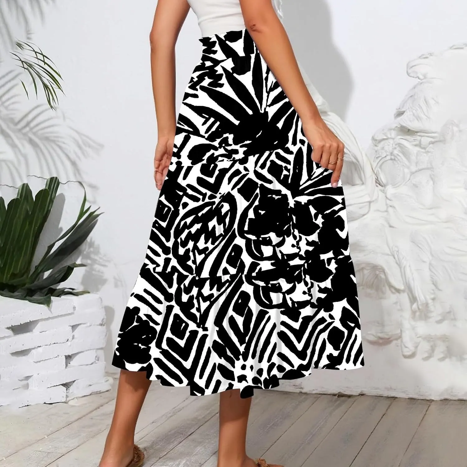 HAVUITYY Women's Midi Skirt Summer Casual Pockets Elastic High Waist Drawstring Flowy Trendy Ditzy Floral Print Long Skirts