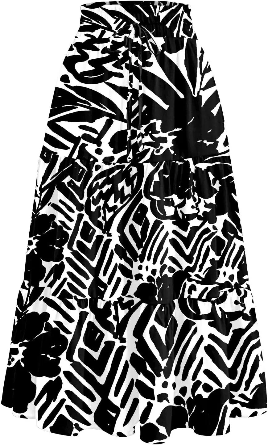 HAVUITYY Women's Midi Skirt Summer Casual Pockets Elastic High Waist Drawstring Flowy Trendy Ditzy Floral Print Long Skirts