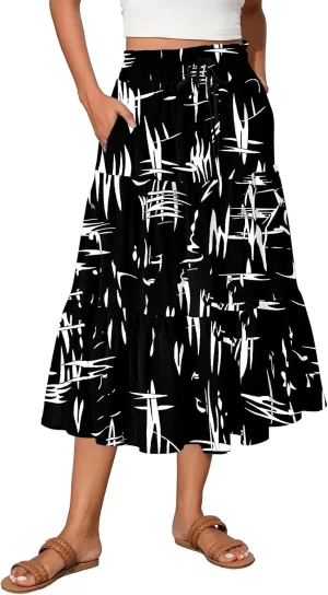 HAVUITYY Women's Midi Skirt Summer Casual Pockets Elastic High Waist Drawstring Flowy Trendy Ditzy Floral Print Long Skirts