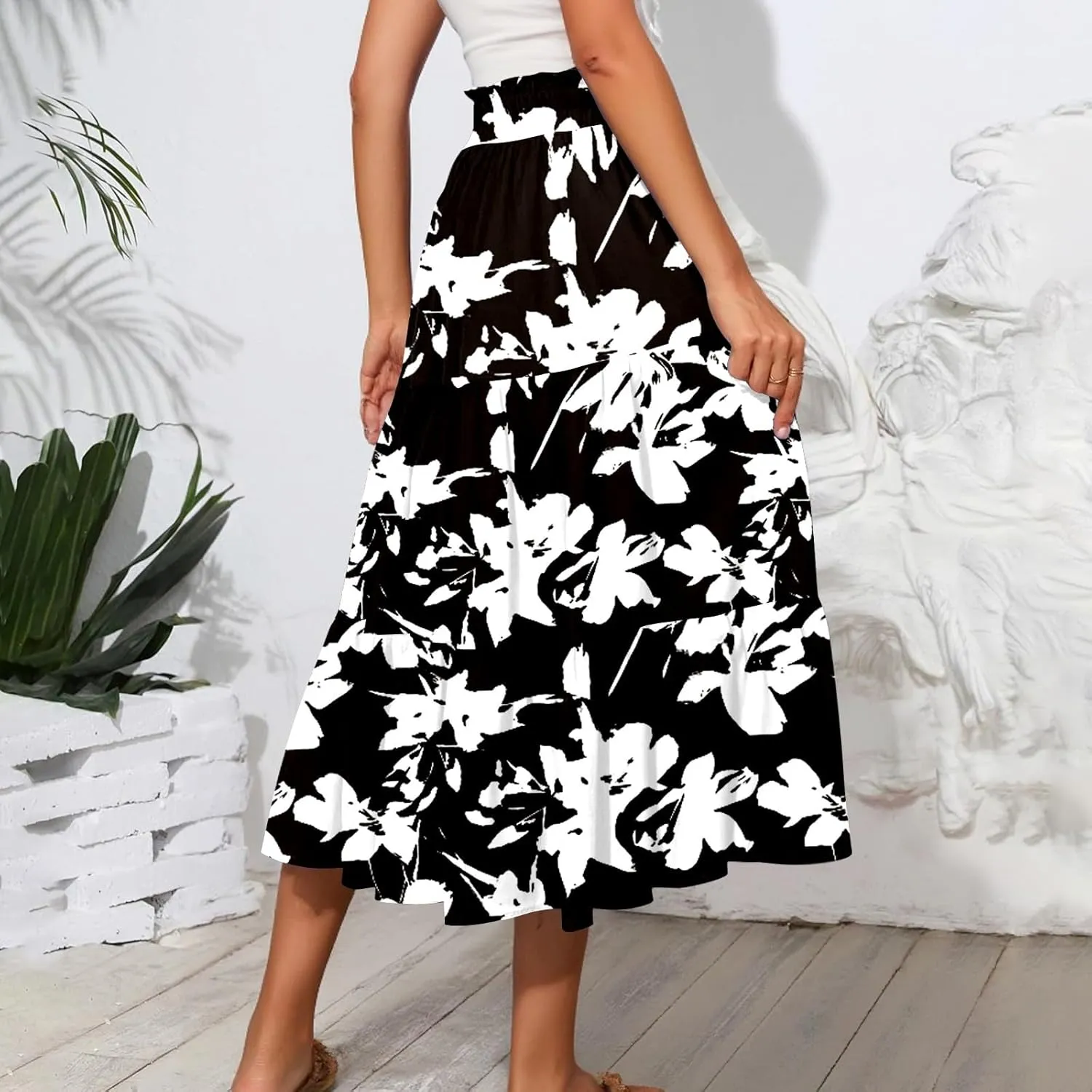 HAVUITYY Women's Midi Skirt Summer Casual Pockets Elastic High Waist Drawstring Flowy Trendy Ditzy Floral Print Long Skirts