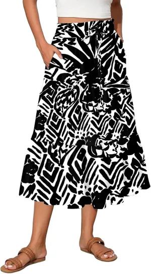 HAVUITYY Women's Midi Skirt Summer Casual Pockets Elastic High Waist Drawstring Flowy Trendy Ditzy Floral Print Long Skirts