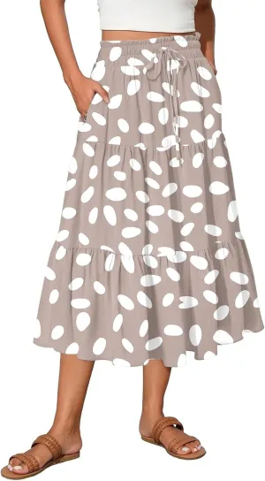 HAVUITYY Women's Midi Skirt Summer Casual Pockets Elastic High Waist Drawstring Flowy Trendy Ditzy Floral Print Long Skirts