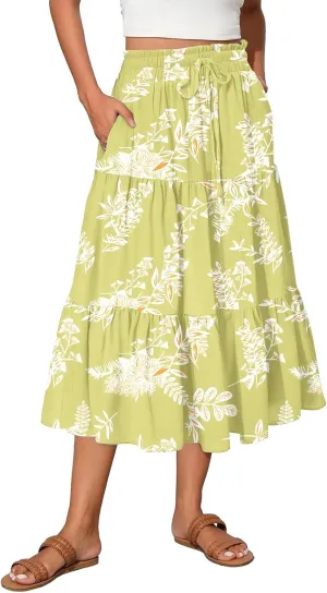 HAVUITYY Women's Midi Skirt Summer Casual Pockets Elastic High Waist Drawstring Flowy Trendy Ditzy Floral Print Long Skirts