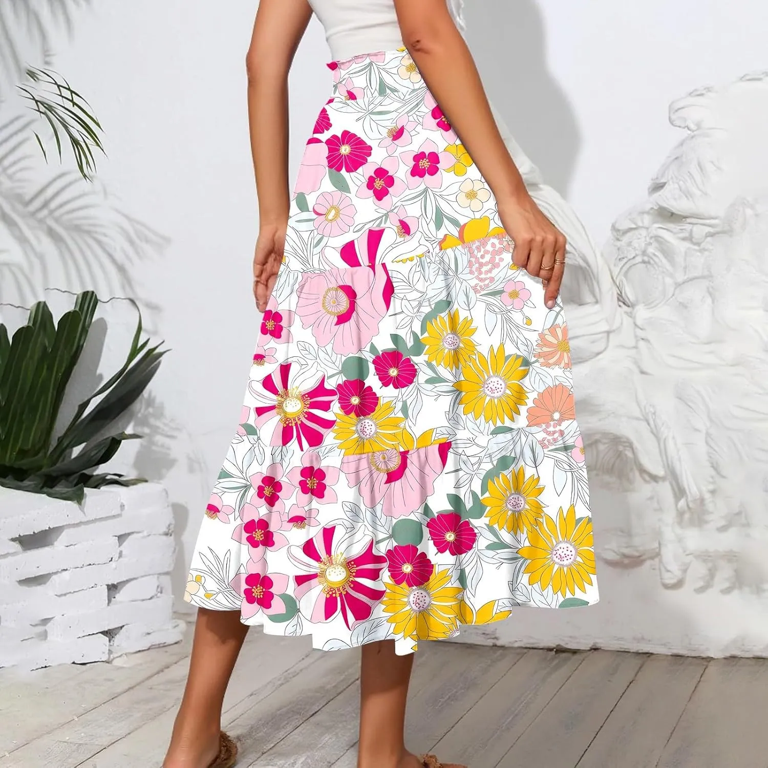 HAVUITYY Women's Midi Skirt Summer Casual Pockets Elastic High Waist Drawstring Flowy Trendy Ditzy Floral Print Long Skirts