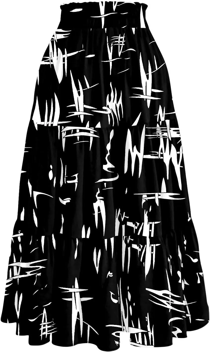 HAVUITYY Women's Midi Skirt Summer Casual Pockets Elastic High Waist Drawstring Flowy Trendy Ditzy Floral Print Long Skirts
