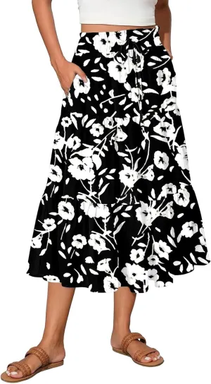 HAVUITYY Women's Midi Skirt Summer Casual Pockets Elastic High Waist Drawstring Flowy Trendy Ditzy Floral Print Long Skirts
