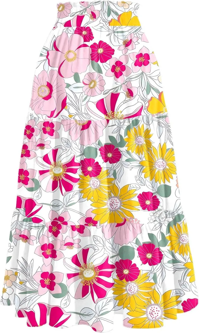 HAVUITYY Women's Midi Skirt Summer Casual Pockets Elastic High Waist Drawstring Flowy Trendy Ditzy Floral Print Long Skirts