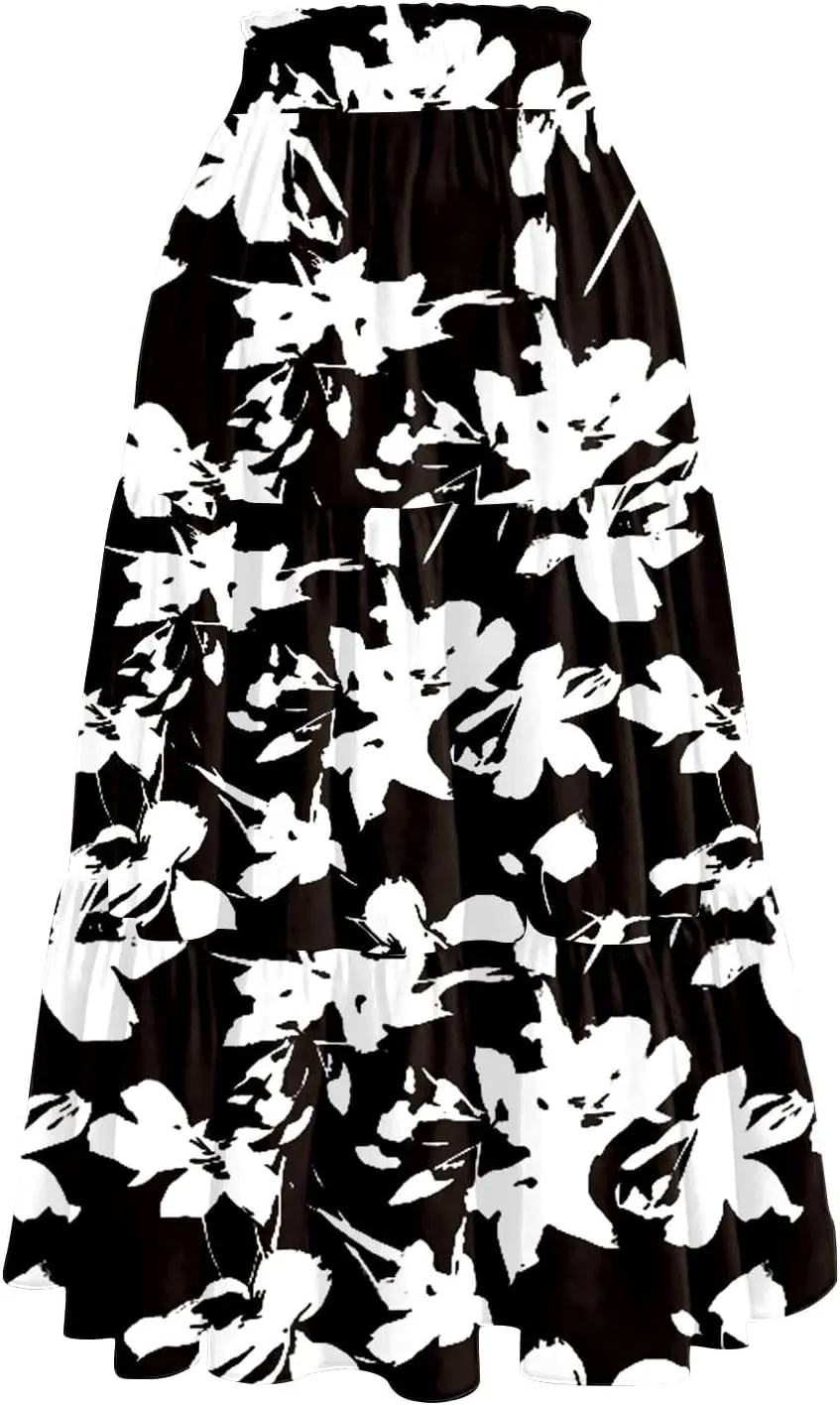 HAVUITYY Women's Midi Skirt Summer Casual Pockets Elastic High Waist Drawstring Flowy Trendy Ditzy Floral Print Long Skirts