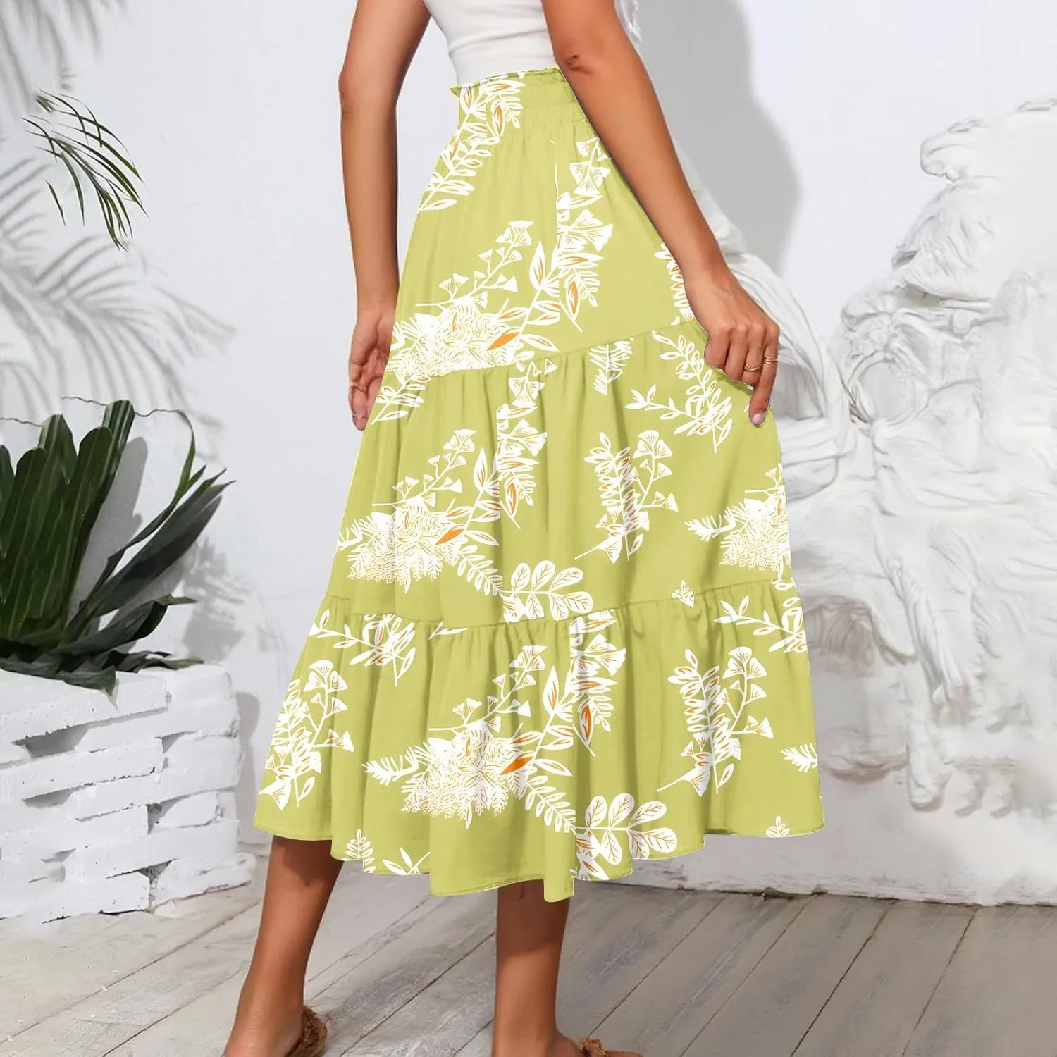 HAVUITYY Women's Midi Skirt Summer Casual Pockets Elastic High Waist Drawstring Flowy Trendy Ditzy Floral Print Long Skirts