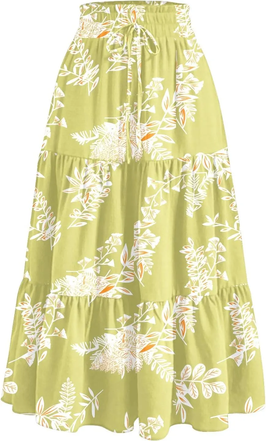 HAVUITYY Women's Midi Skirt Summer Casual Pockets Elastic High Waist Drawstring Flowy Trendy Ditzy Floral Print Long Skirts