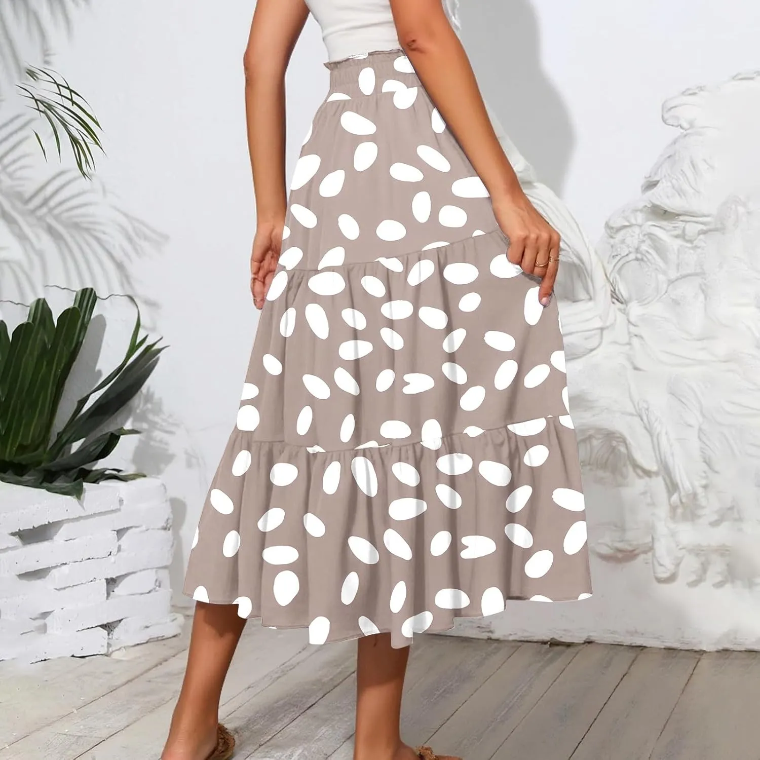 HAVUITYY Women's Midi Skirt Summer Casual Pockets Elastic High Waist Drawstring Flowy Trendy Ditzy Floral Print Long Skirts
