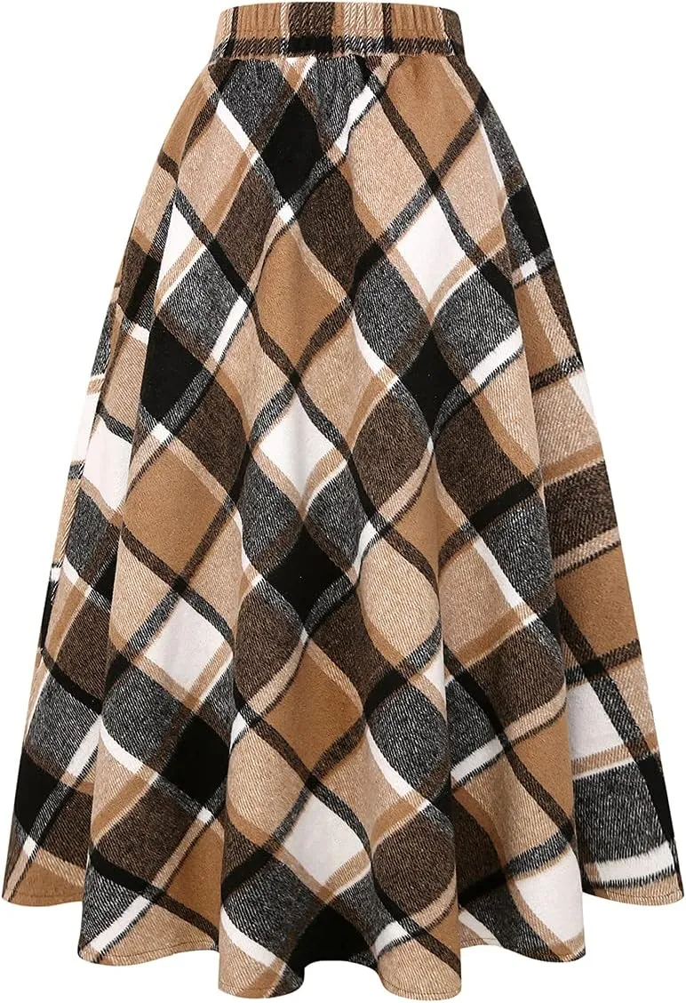 IDEALSANXUN Womens Plaid Wool Skirts Elastic Waist A-Line Pleated Tartan Long Skirts