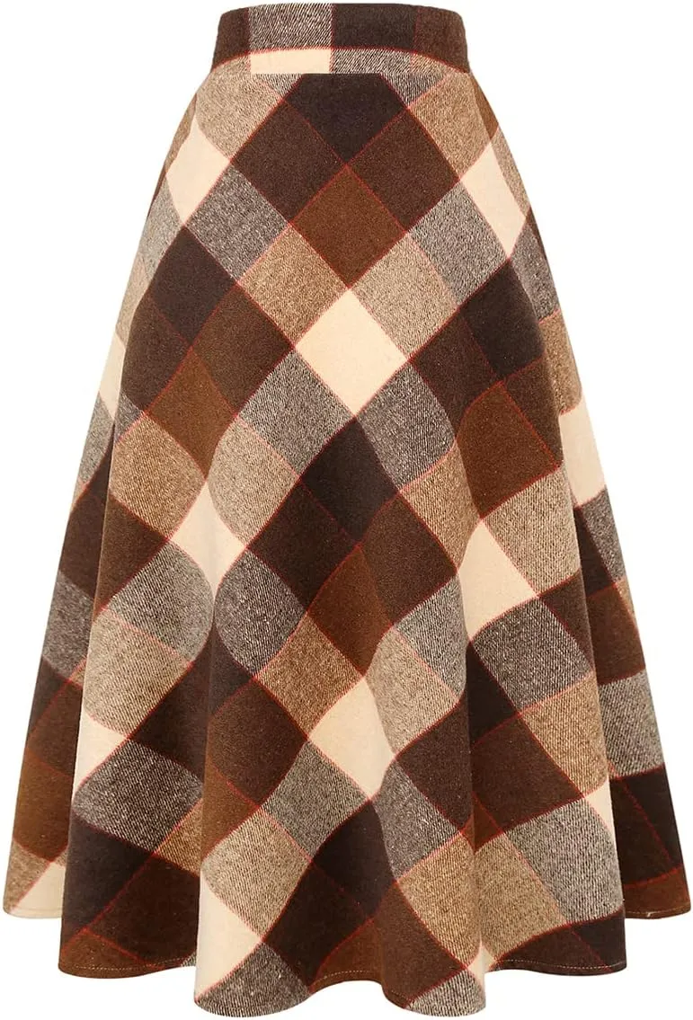 IDEALSANXUN Womens Plaid Wool Skirts Elastic Waist A-Line Pleated Tartan Long Skirts