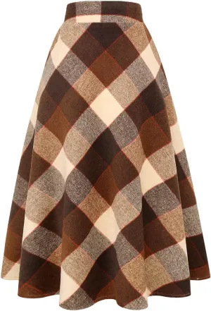 IDEALSANXUN Womens Plaid Wool Skirts Elastic Waist A-Line Pleated Tartan Long Skirts