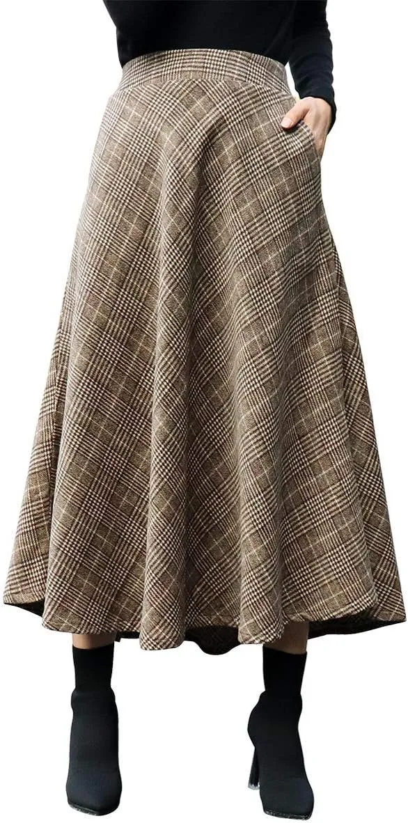 IDEALSANXUN Womens Plaid Wool Skirts Elastic Waist A-Line Pleated Tartan Long Skirts