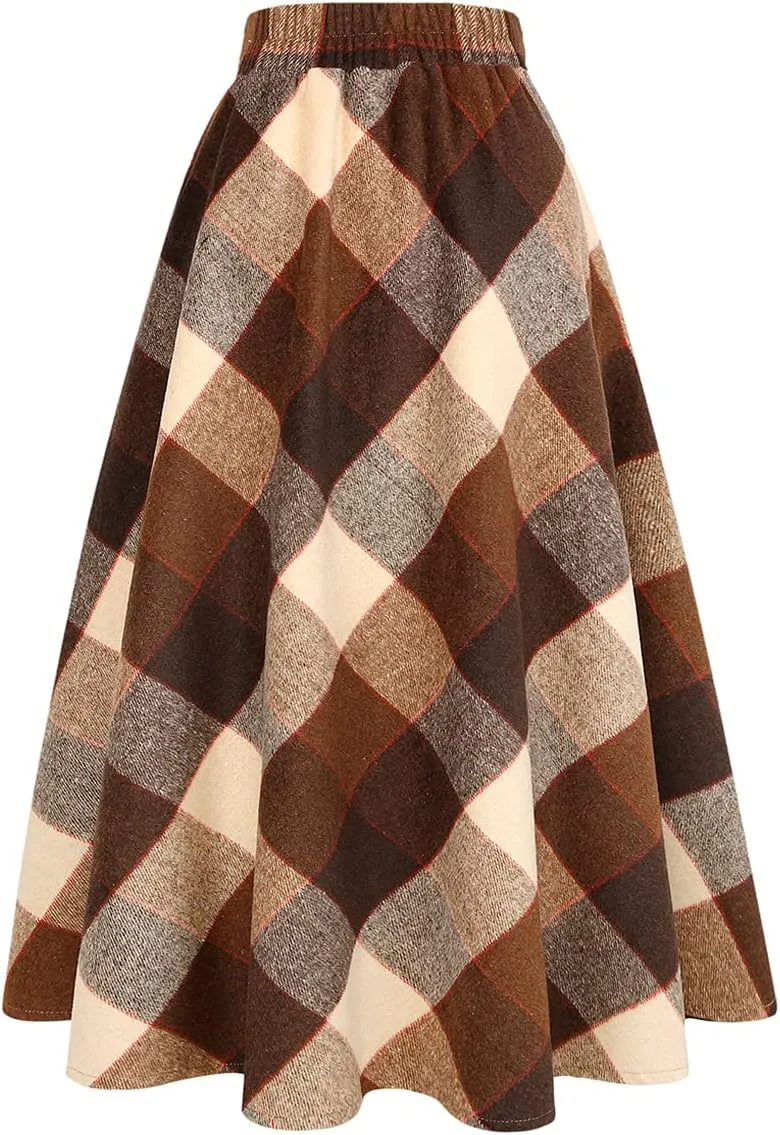 IDEALSANXUN Womens Plaid Wool Skirts Elastic Waist A-Line Pleated Tartan Long Skirts