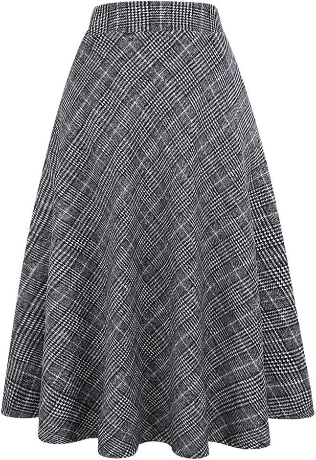 IDEALSANXUN Womens Plaid Wool Skirts Elastic Waist A-Line Pleated Tartan Long Skirts