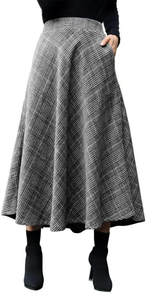 IDEALSANXUN Womens Plaid Wool Skirts Elastic Waist A-Line Pleated Tartan Long Skirts