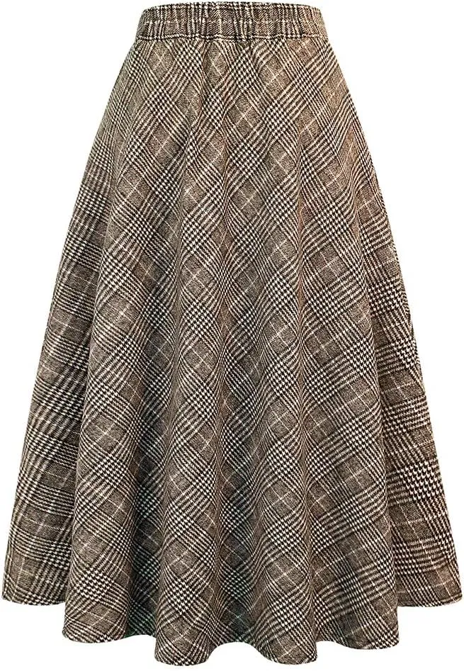 IDEALSANXUN Womens Plaid Wool Skirts Elastic Waist A-Line Pleated Tartan Long Skirts