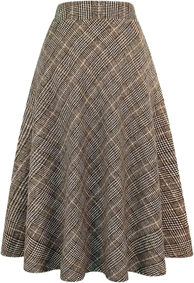 IDEALSANXUN Womens Plaid Wool Skirts Elastic Waist A-Line Pleated Tartan Long Skirts
