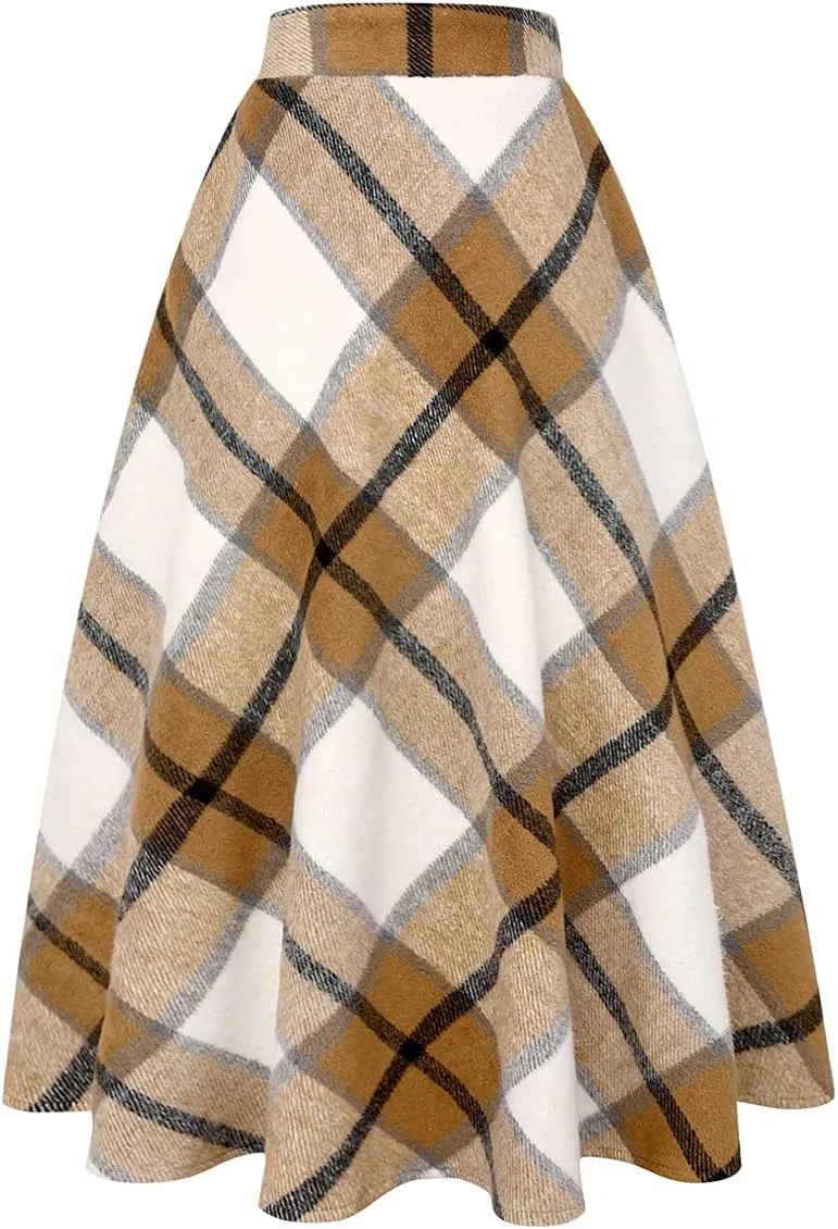 IDEALSANXUN Womens Plaid Wool Skirts Elastic Waist A-Line Pleated Tartan Long Skirts