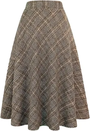 IDEALSANXUN Womens Plaid Wool Skirts Elastic Waist A-Line Pleated Tartan Long Skirts