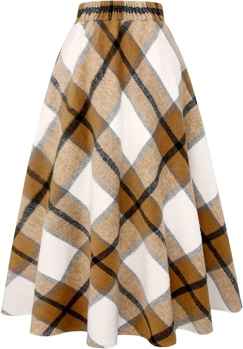 IDEALSANXUN Womens Plaid Wool Skirts Elastic Waist A-Line Pleated Tartan Long Skirts