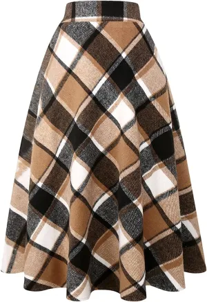 IDEALSANXUN Womens Plaid Wool Skirts Elastic Waist A-Line Pleated Tartan Long Skirts