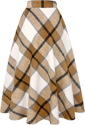 IDEALSANXUN Womens Plaid Wool Skirts Elastic Waist A-Line Pleated Tartan Long Skirts