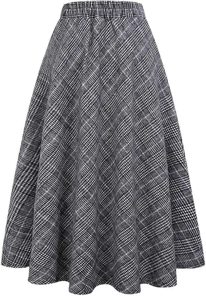 IDEALSANXUN Womens Plaid Wool Skirts Elastic Waist A-Line Pleated Tartan Long Skirts