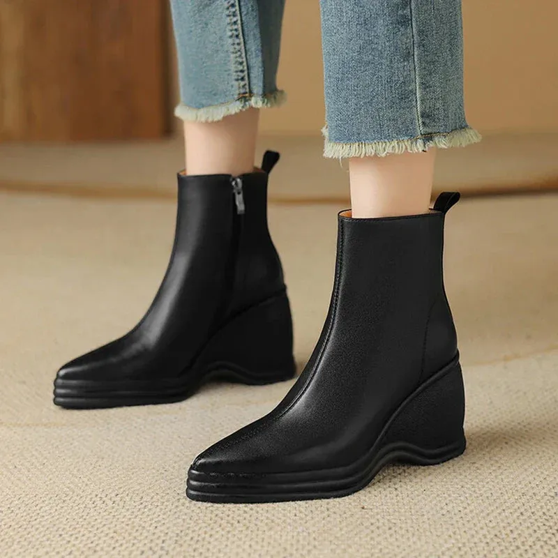 Joskaa NEW Autumn Women Boots Genuine Leather Shoes for Women Pointed Toe Wedges Shoes Zip Ankle Boots Concise High Heel Modern Boots