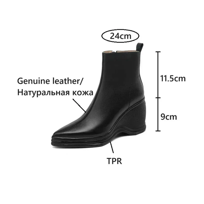 Joskaa NEW Autumn Women Boots Genuine Leather Shoes for Women Pointed Toe Wedges Shoes Zip Ankle Boots Concise High Heel Modern Boots